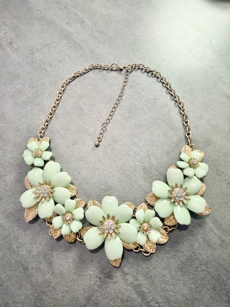 Vintage 1990’s Mint Green Floral Statement Necklace Gold Tone With Crystals Y2k